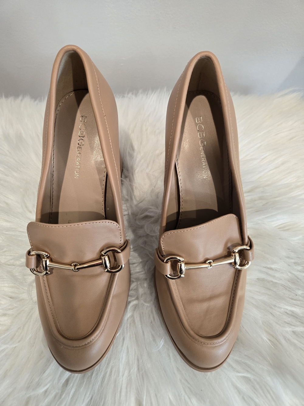 BCBGeneration Nude Tan Leather Bit Loafers with Gold Hardware